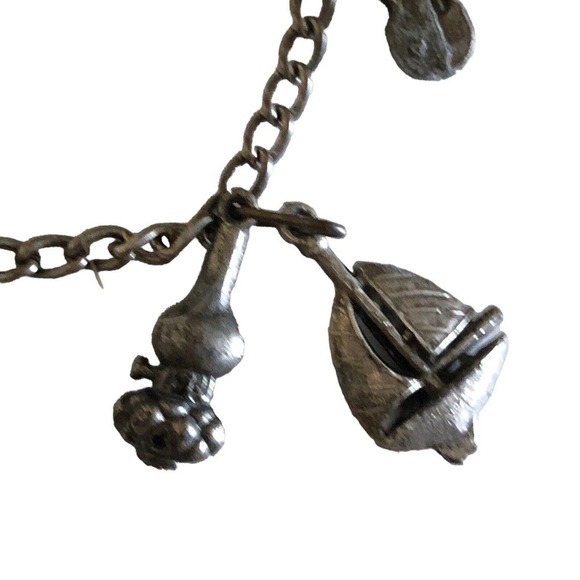 Antique Art Deco Metal Charm 7.￼25” Bracelet 5 Charms Ships Violin Binoculars - Picture 7 of 10